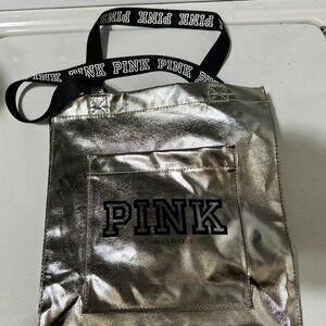 NWOT Victorias Secret PINK Silver Metallic Chrome Logo Small Tote Bag